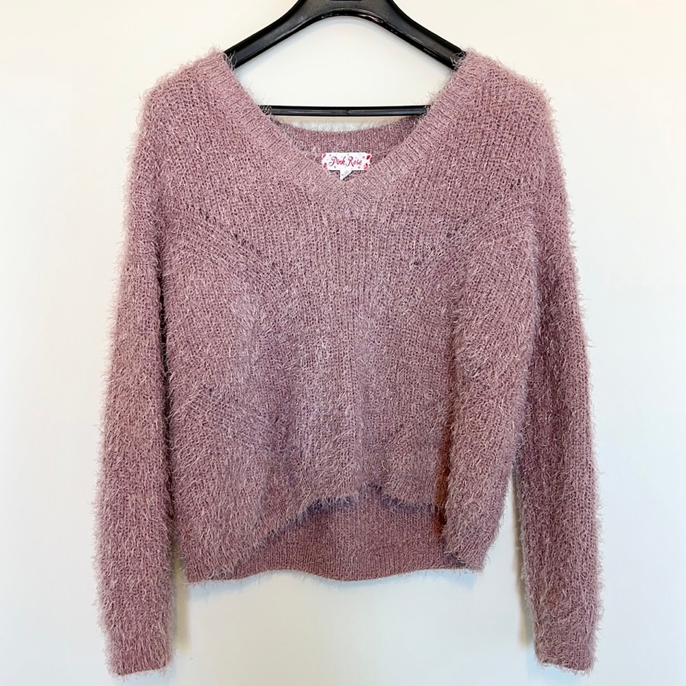 Pink Rose Eyelash Sweater - Soft Pink Fuzzy V-Neck Sweater